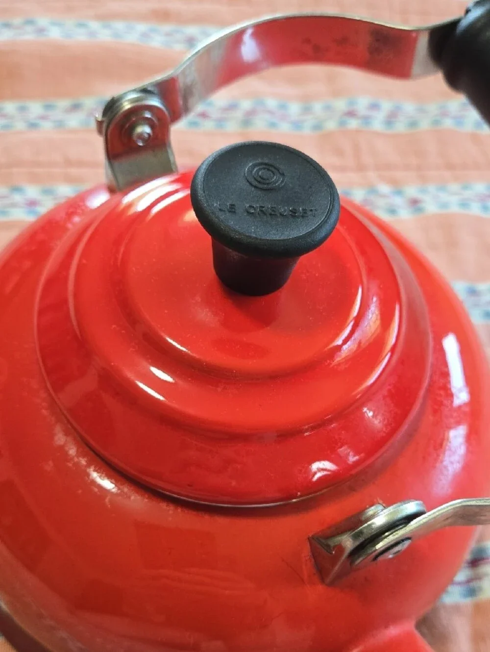 Le Creuset Red Enamel Classic Whistling Tea Kettle with Black Handle